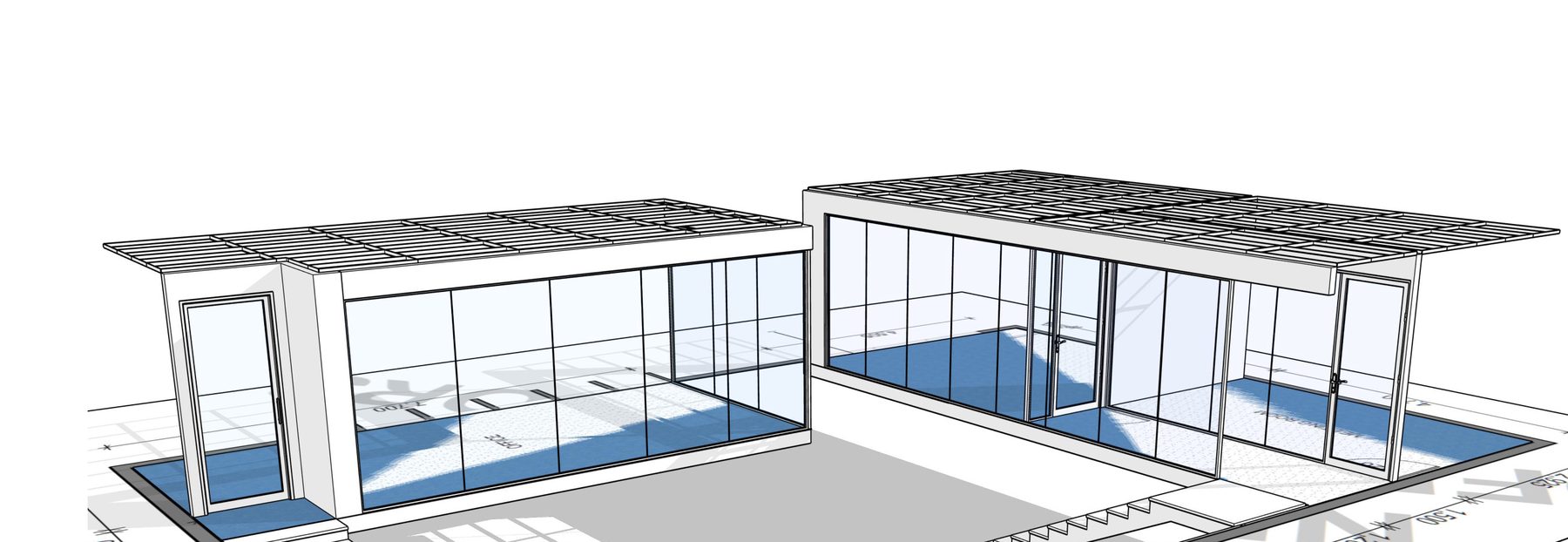 3D render of the Morriset office fitout — upstairs office mezzanine and downstairs boardroom mezzanine, both glass-walled with anodised framing